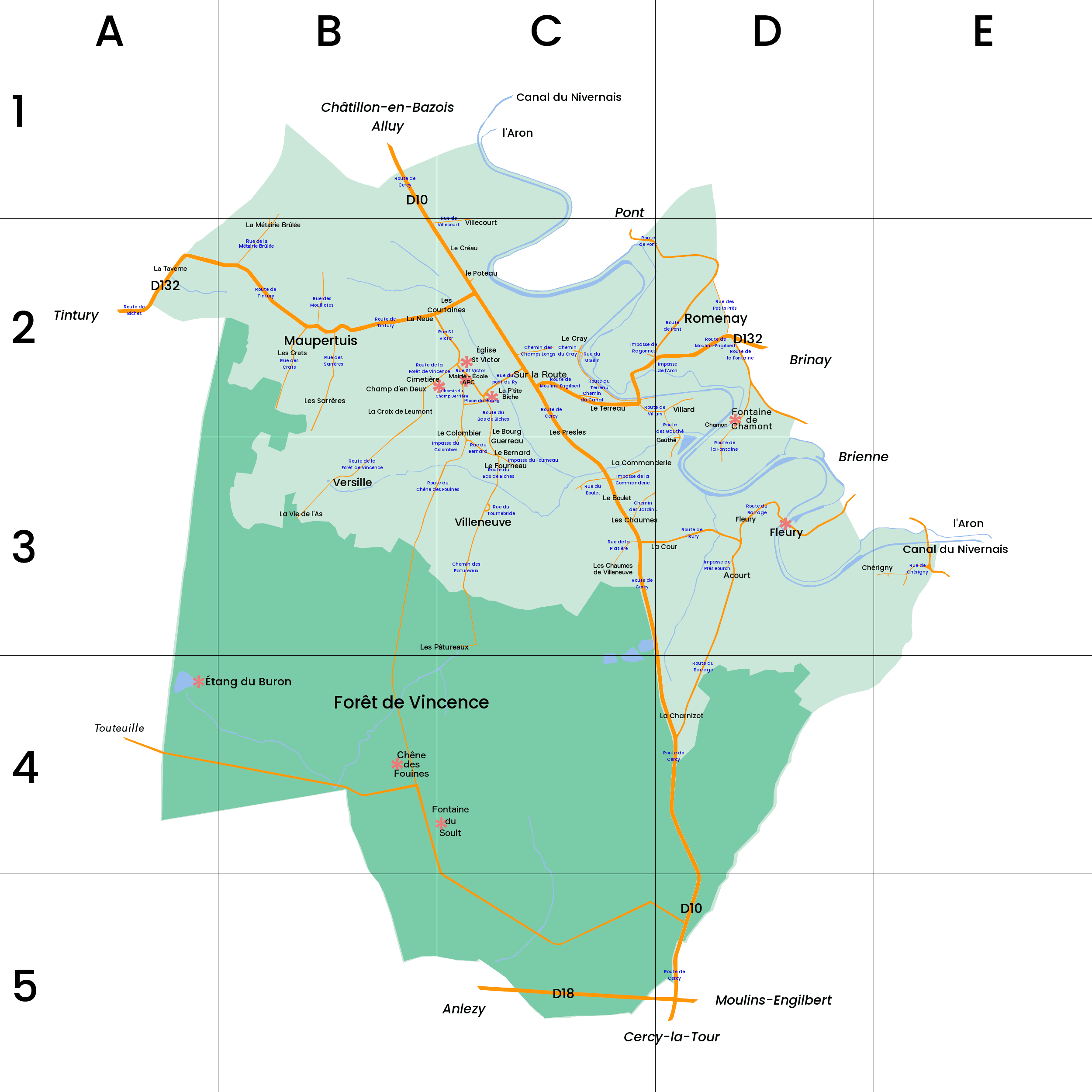 Plan de la Commune de Biches avec nom de rues, sites touristiques et services communales